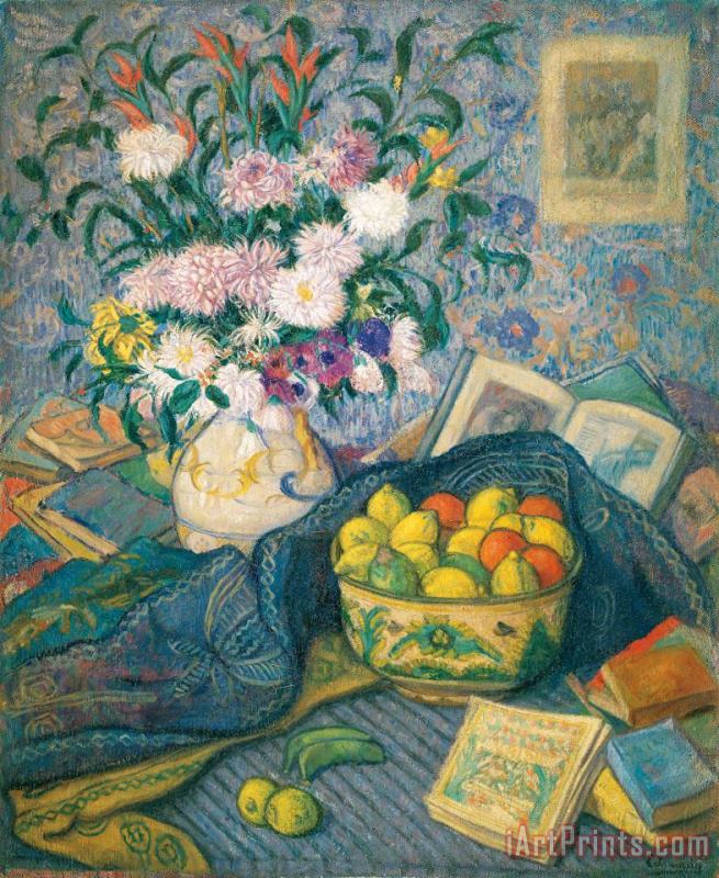 Juan de Echevarria Vase with Bananas, Lemons And Books Art Painting