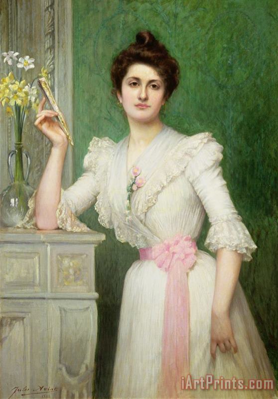 Jules-Charles Aviat Portrait of a lady holding a fan Art Print