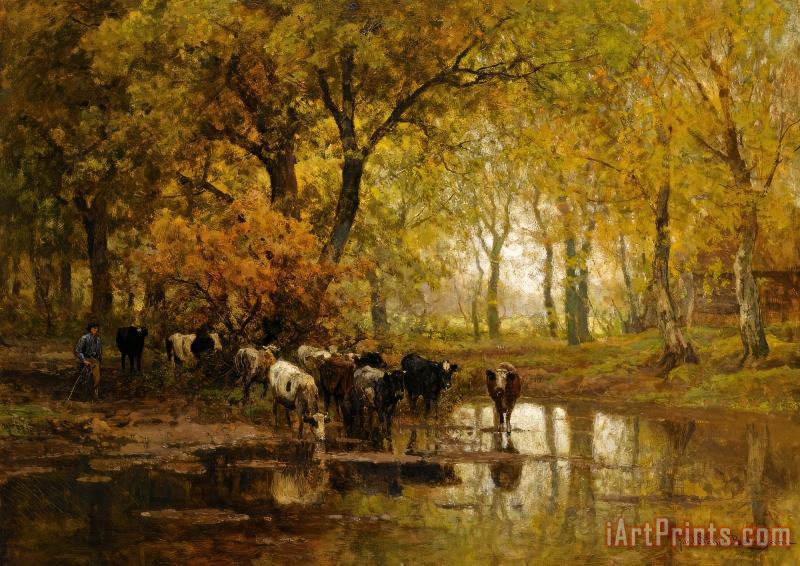 Watering Cows in a Pond painting - Julius Jacobus Van De Sande Bakhuyzen Watering Cows in a Pond Art Print
