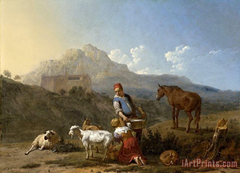 Karel Dujardin Italian Landscape with Girl Milking a Goat Art Painting