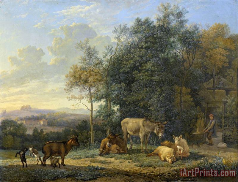 Karel Dujardin Landscape with Two Donkeys, Goats And Pigs Art Painting