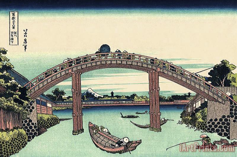 Japan: 'under Mannen Bridge at Fukagawa' painting - Katsushika Hokusai Japan: 'under Mannen Bridge at Fukagawa' Art Print