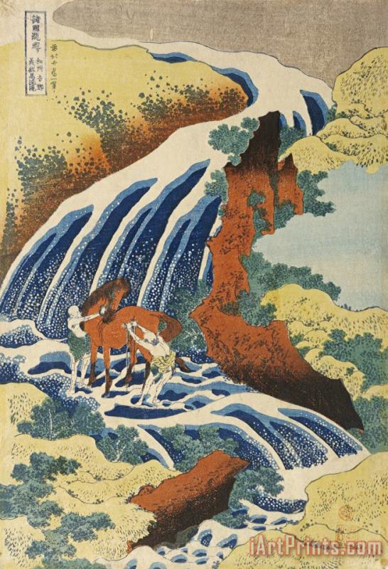 Katsushika Hokusai Two Men Washing a Horse in a Waterfall Art Painting
