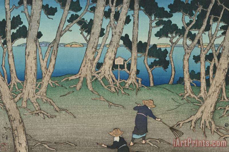Kawase Hasui Raking Pine Needles at Katsura Jima, Matsushima (matsushima Katsura Jima), From The Series Souvenirs of Travels, First Series (tabi Miyage, Dai Isshu) Art Painting
