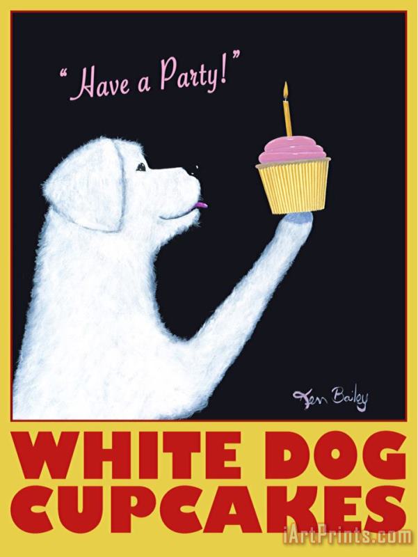 White Dog Cupcakes painting - Ken Bailey White Dog Cupcakes Art Print