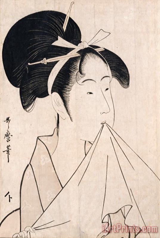 Kitagawa Utamaro A Bust Portrait of Okita of The Naniwaya Holding a Hand Towel in Her Teeth And Stretching The Cloth Art Painting
