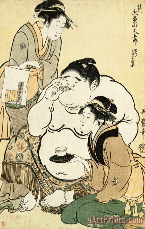 Daidozan Bungoro, The Infant Prodigy Drinking Sake And Being Offered Tea by The Famous Beauty And Teahouse Waitress Okita of The Naniwaya And Biscuits painting - Kitagawa Utamaro Daidozan Bungoro, The Infant Prodigy Drinking Sake And Being Offered Tea by The Famous Beauty And Teahouse Waitress Okita of The Naniwaya And Biscuits Art Print