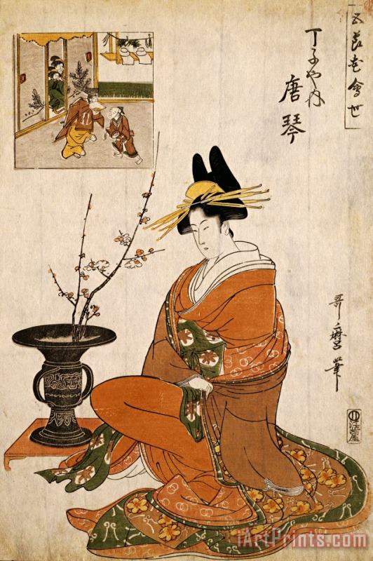 Kitagawa Utamaro The Courtesan Karakoto of The Chojiya Seated by an Arrangement of Plum Flowers Art Print