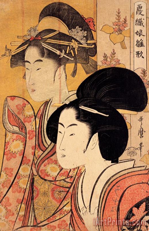 Two Beauties with Bamboo painting - Kitagawa Utamaro Two Beauties with Bamboo Art Print