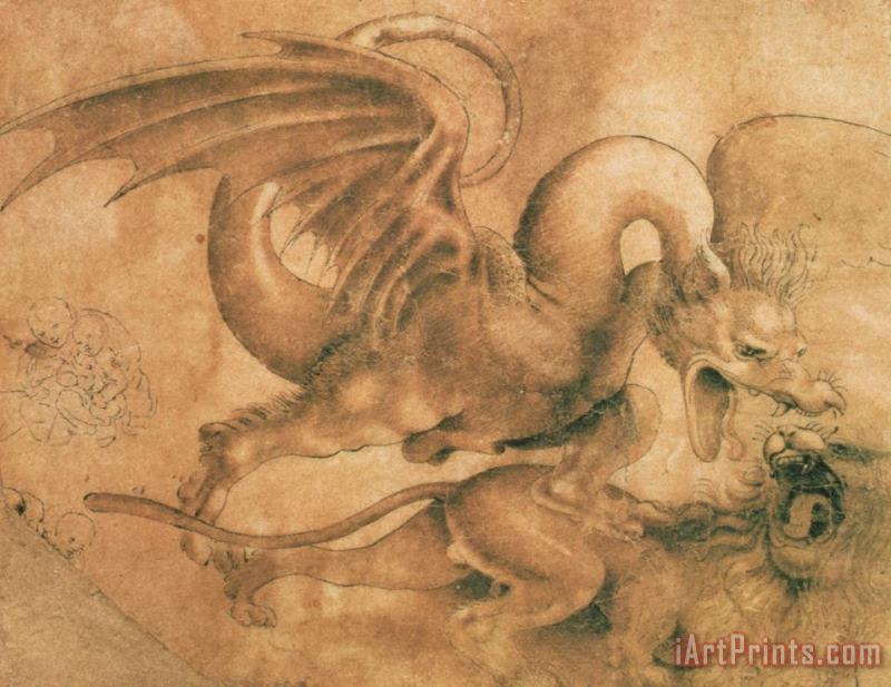 Leonardo da Vinci Fight Between A Dragon And A Lion Art Print