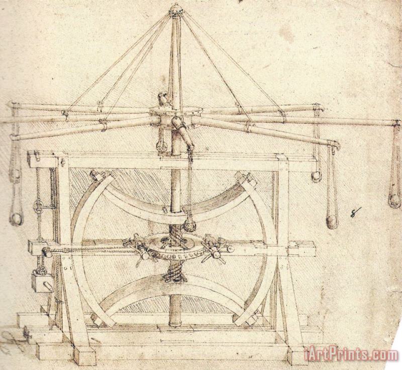 Flywheel Mechanical Drawing painting - Leonardo da Vinci Flywheel Mechanical Drawing Art Print