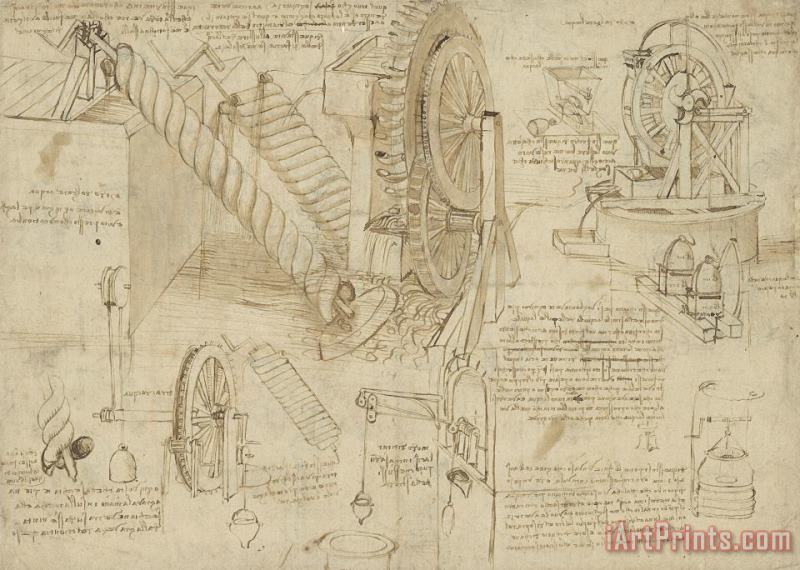 Machines To Lift Water Draw Water From Well And Bring It Into Houses From Atlantic Codex painting - Leonardo da Vinci Machines To Lift Water Draw Water From Well And Bring It Into Houses From Atlantic Codex Art Print