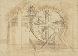 Leonardo da Vinci War Machine Composed Of Big Wheel With 44 Steps Set In Motion By Weight Of Ten Men And By Soldier painting
