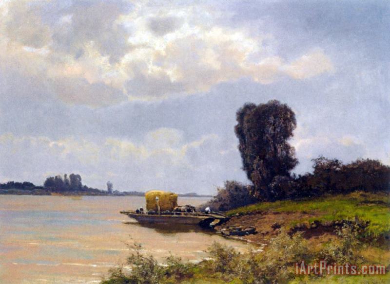 Louis Apol A Ferry in a Summer Landscape Art Painting