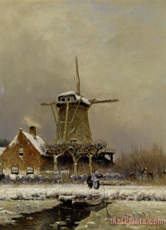 Louis Apol Figures by a Windmill in a Snow Covered Landscape Art Print