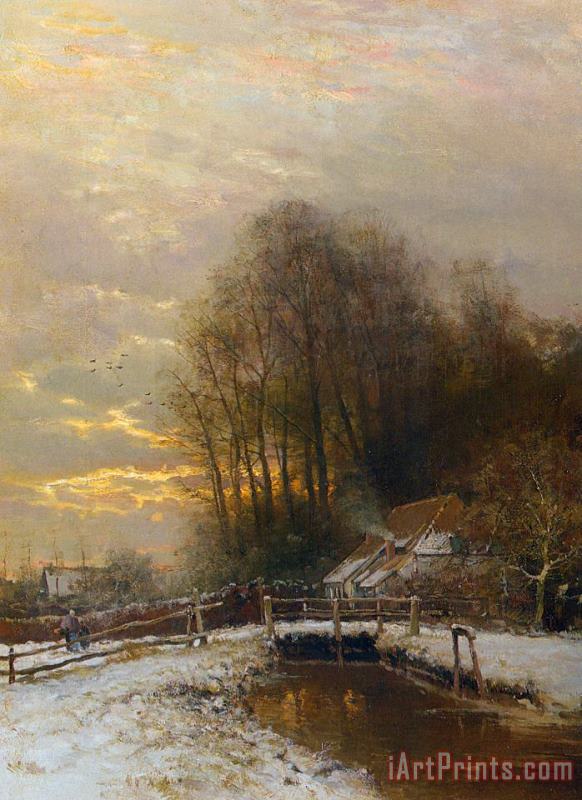 Louis Apol Winter Landscape with Peasant Woman And Child Art Painting