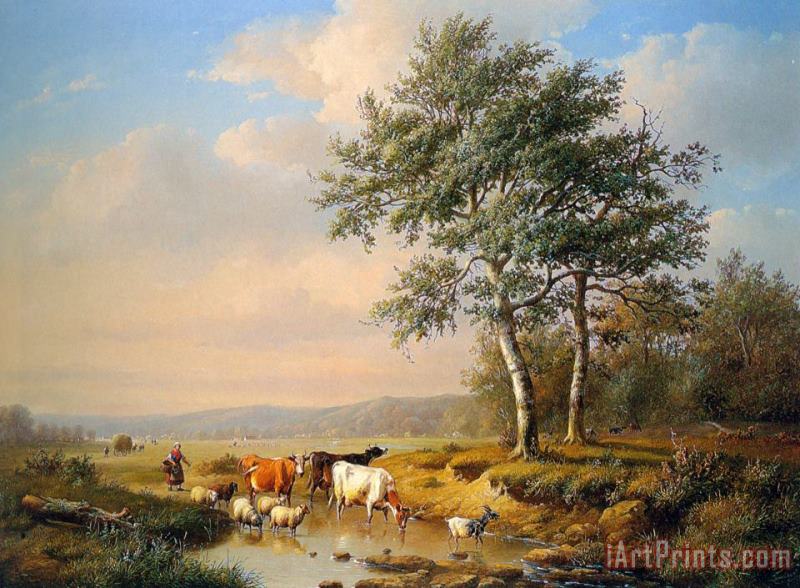 An Extensive Landscape with Cattle Watering painting - Louis Pierre Verwee An Extensive Landscape with Cattle Watering Art Print