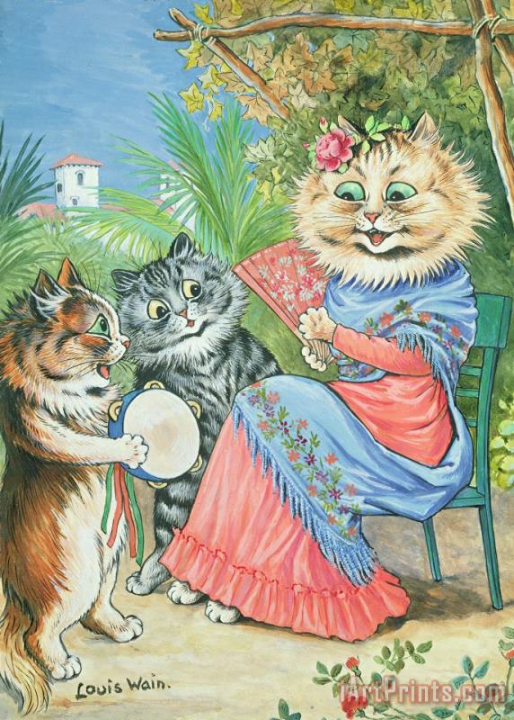 Louis Wain Mother cat with fan and two kittens Art Print