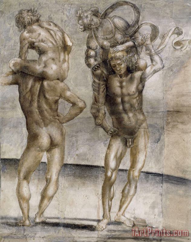 Luca Signorelli Two Nude Youths Carrying a Young Woman And a Young Man Art Painting