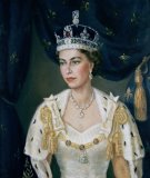 Portrait of Queen Elizabeth II wearing coronation robes and the Imperial State Crown by Lydia de Burgh