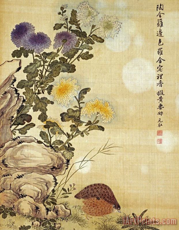 Ma Yuanyu Chrysanthemums And Quail Art Print