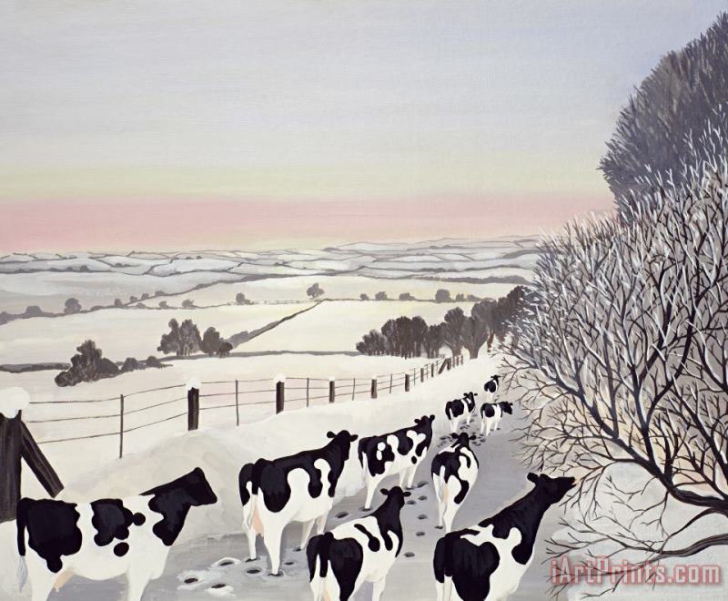 Friesians in Winter painting - Maggie Rowe Friesians in Winter Art Print