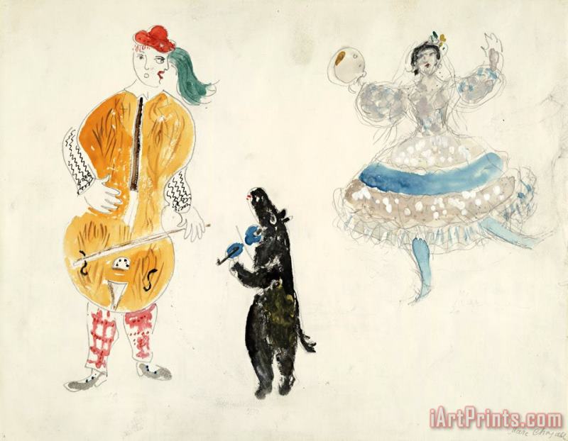 A Bandura Player, a Bear And Zemphira, Costume Design for Aleko (scene Ii). (1942) painting - Marc Chagall A Bandura Player, a Bear And Zemphira, Costume Design for Aleko (scene Ii). (1942) Art Print