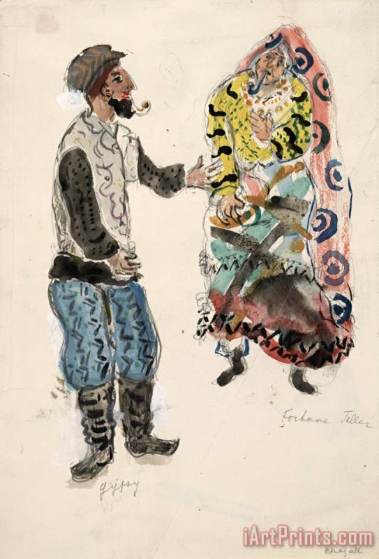 A Fortune Teller And a Gypsy, Costume Design for Aleko (scene I). (1942) painting - Marc Chagall A Fortune Teller And a Gypsy, Costume Design for Aleko (scene I). (1942) Art Print
