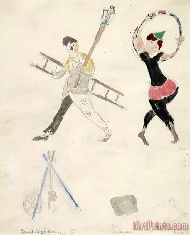 A Lamplighter And an Acrobat, Costume Design for Aleko (scene Iv). (1942) painting - Marc Chagall A Lamplighter And an Acrobat, Costume Design for Aleko (scene Iv). (1942) Art Print