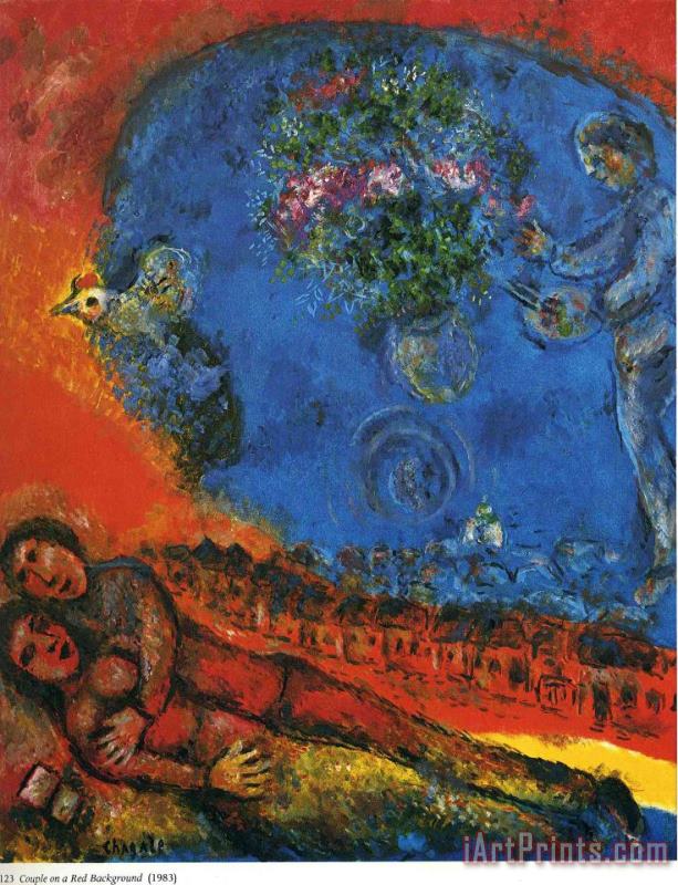 Marc Chagall Couple on a Red Background 1983 Art Painting