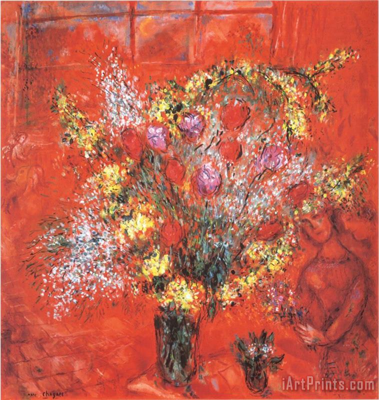 Marc Chagall Fleurs Sur Fond Rouge C 1970 Art Painting