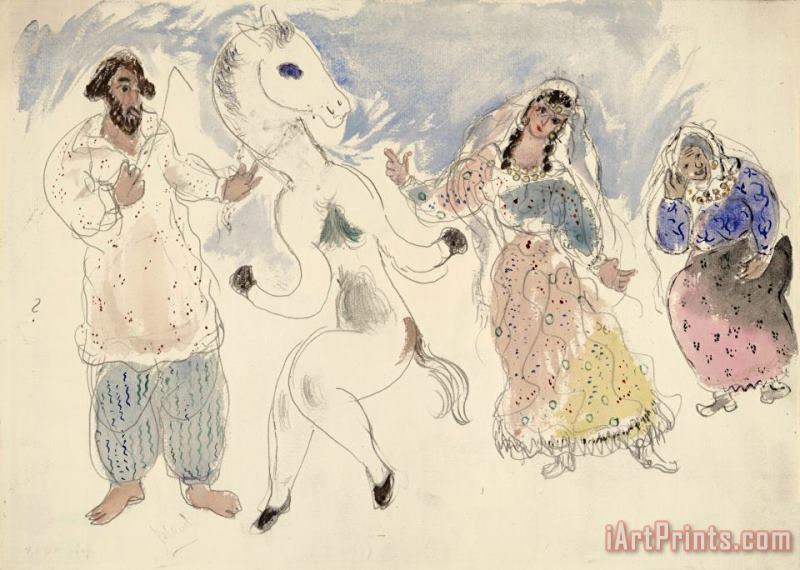 Gypsies And a Horse, Costume Design for Aleko (scene Iv). (1942) painting - Marc Chagall Gypsies And a Horse, Costume Design for Aleko (scene Iv). (1942) Art Print