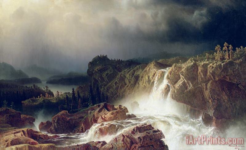 Rocky Landscape With Waterfall In Smaland painting - Marcus Larson Rocky Landscape With Waterfall In Smaland Art Print