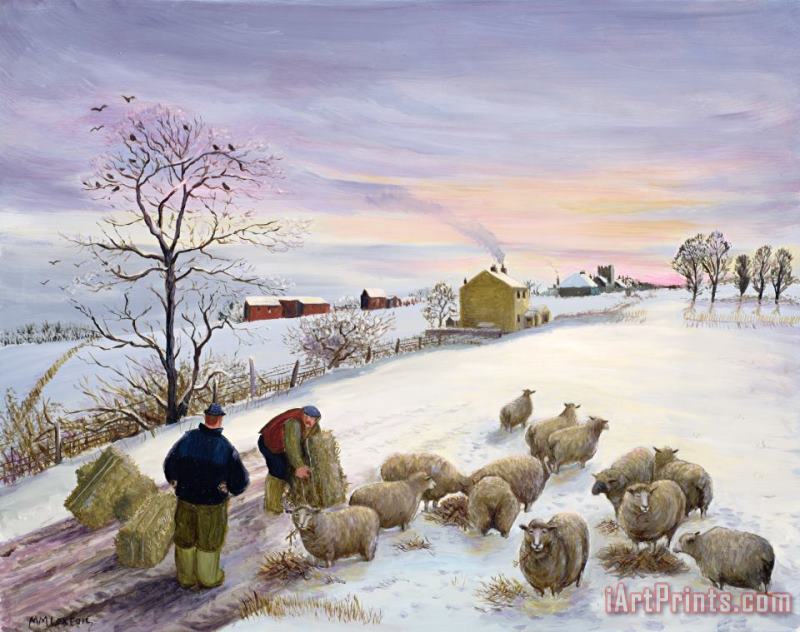 Feeding sheep in winter painting - Margaret Loxton Feeding sheep in winter Art Print