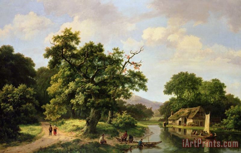 Marinus Adrianus Koekkoek Wooded River Landscape With Peasants Unloading A Ferry Art Print