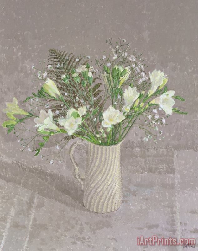 Still Life With Freesias White Carnation And A Fern painting - Maurice Sheppard Still Life With Freesias White Carnation And A Fern Art Print