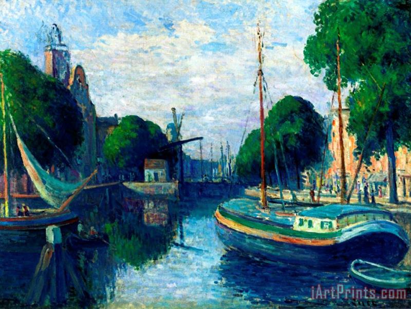 Maximilien Luce Barges on a Canal at Rotterdam Art Painting