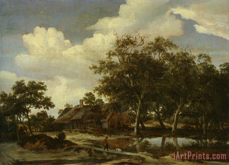 A Wooded Landscape with a Figure Crossing a Bridge Over a Stream painting - Meindert Hobbema A Wooded Landscape with a Figure Crossing a Bridge Over a Stream Art Print