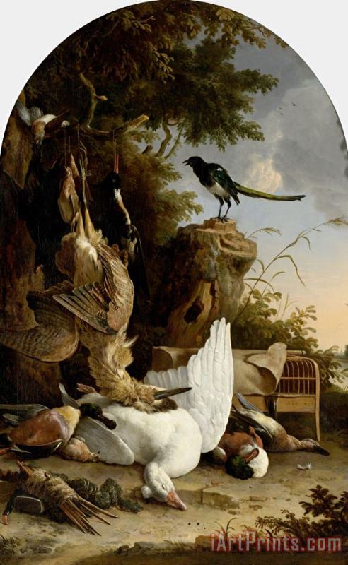 A Hunter's Bag Near a Tree Stump with a Magpie, Known As 'the Contemplative Magpie' painting - Melchior de Hondecoeter A Hunter's Bag Near a Tree Stump with a Magpie, Known As 'the Contemplative Magpie' Art Print