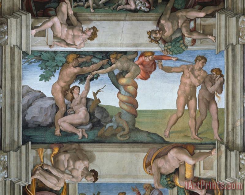 Michelangelo Buonarroti Fall of Mankind And Expulsion From Paradise Ceiling Painting in The Sistine Chapel Art Print