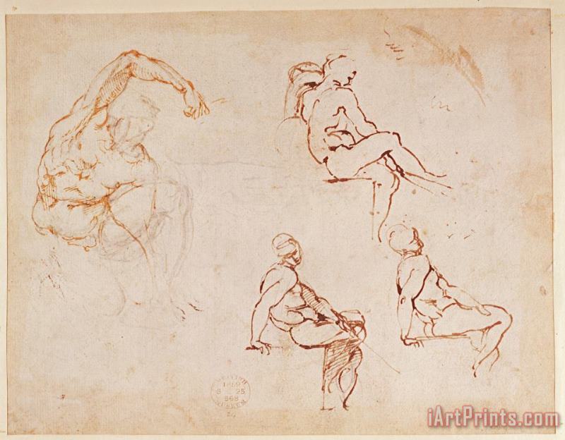 Michelangelo Buonarroti Figure Studies for a Man Brown Ink Art Painting