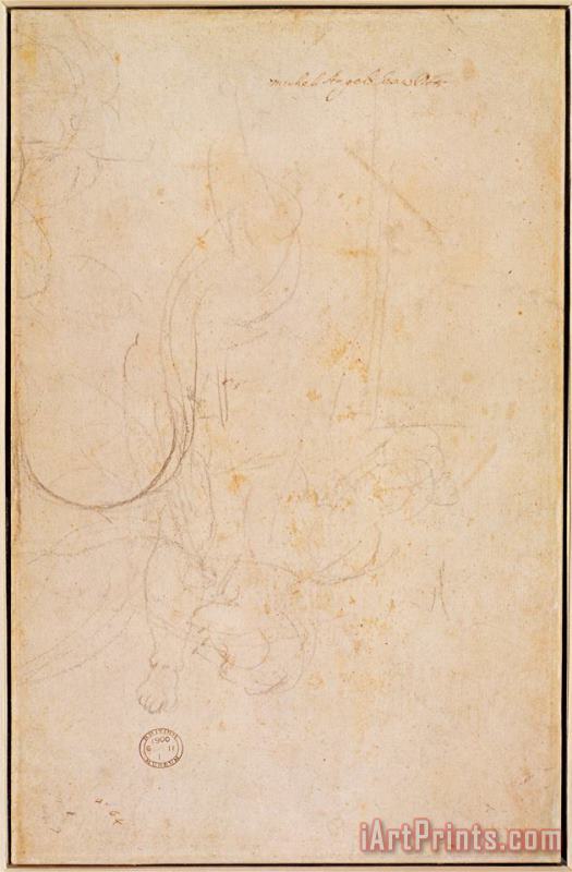 Michelangelo Buonarroti Sketch of a Figure with Artist's Signature Charcoal on Paper Verso Art Painting