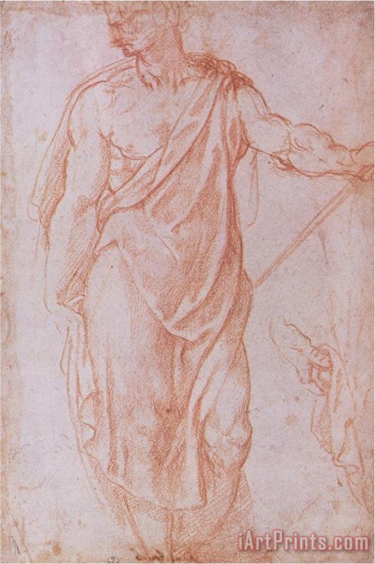 Sketch of a Man Holding a Staff And a Study of a Hand painting - Michelangelo Buonarroti Sketch of a Man Holding a Staff And a Study of a Hand Art Print