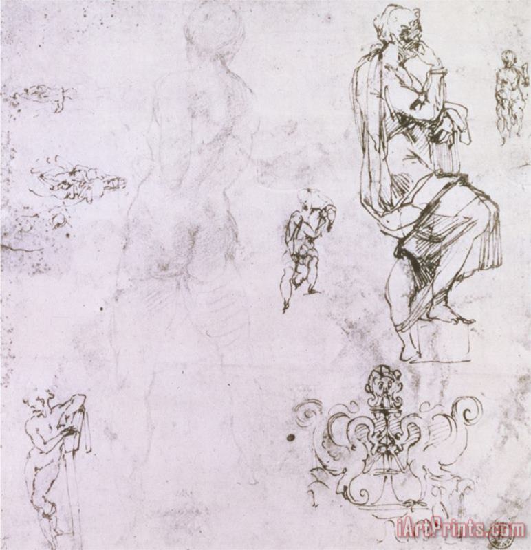 Sketches of Male Nudes a Madonna And Child And a Decorative Emblem painting - Michelangelo Buonarroti Sketches of Male Nudes a Madonna And Child And a Decorative Emblem Art Print