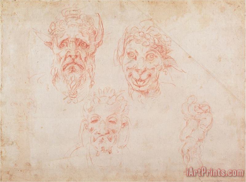 Sketches of Satyrs Faces painting - Michelangelo Buonarroti Sketches of Satyrs Faces Art Print