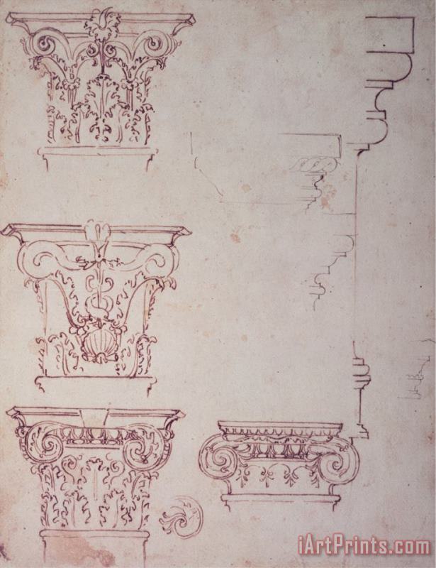 Michelangelo Buonarroti Studies for a Capital Brown Ink Art Painting