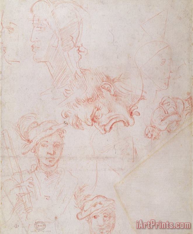 Michelangelo Buonarroti Studies of Heads 1508 12 Art Print