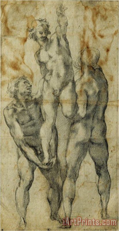 Michelangelo Buonarroti Two Male Nudes Lifting Up a Third Man Art Print
