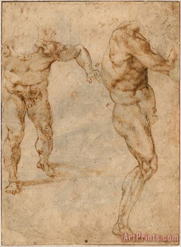 Michelangelo Buonarroti Two Nude Studies of a Man Storming Forward And Another Turning to The Right Art Painting