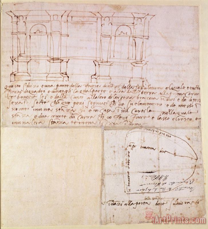 W 23r Architectural Sketch with Notes painting - Michelangelo Buonarroti W 23r Architectural Sketch with Notes Art Print